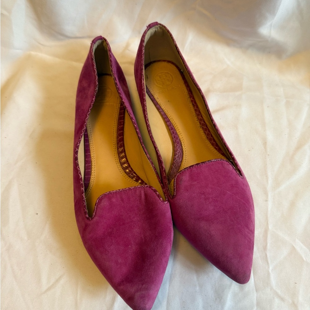 Tory Burch Pointed Suede Flats in Plum